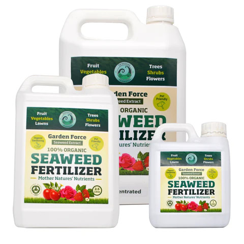three bottles of seaweed fertilisers